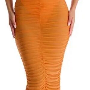 🖤 Naked Wardrobe Ruched Mesh Midi Dress XS | Built-In Bodysuit Bodycon